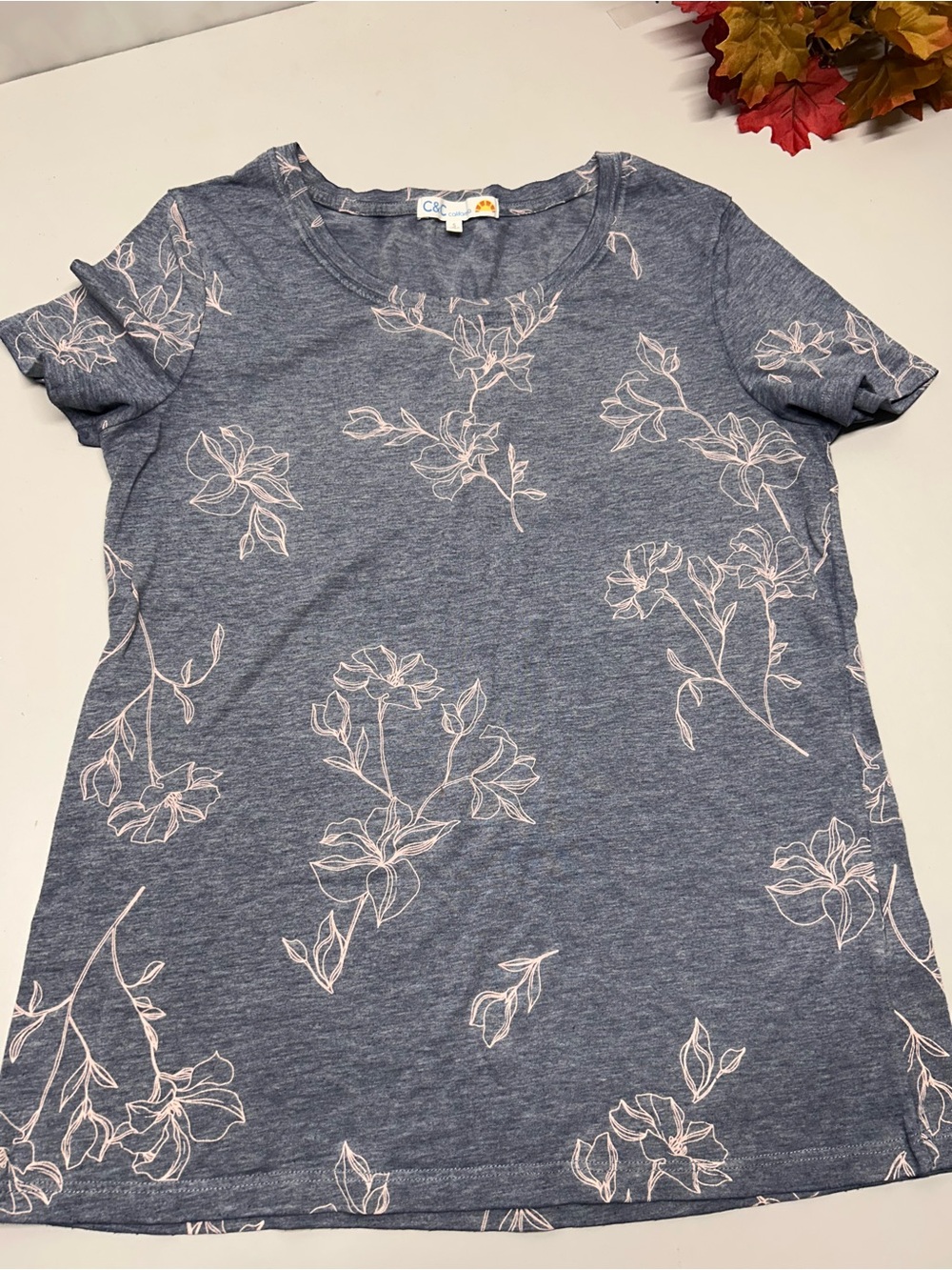 C&C California Blue Heather Tee with Pale Pink Floral Print